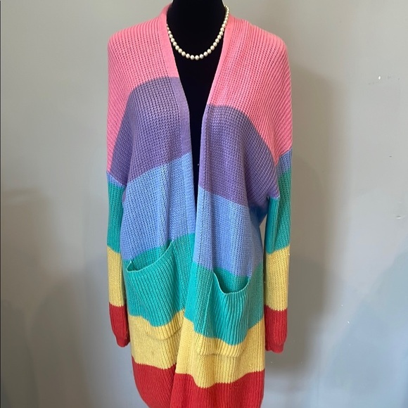 Colorful Striped Women's open cardigan with pockets chunky look - Picture 1 of 2